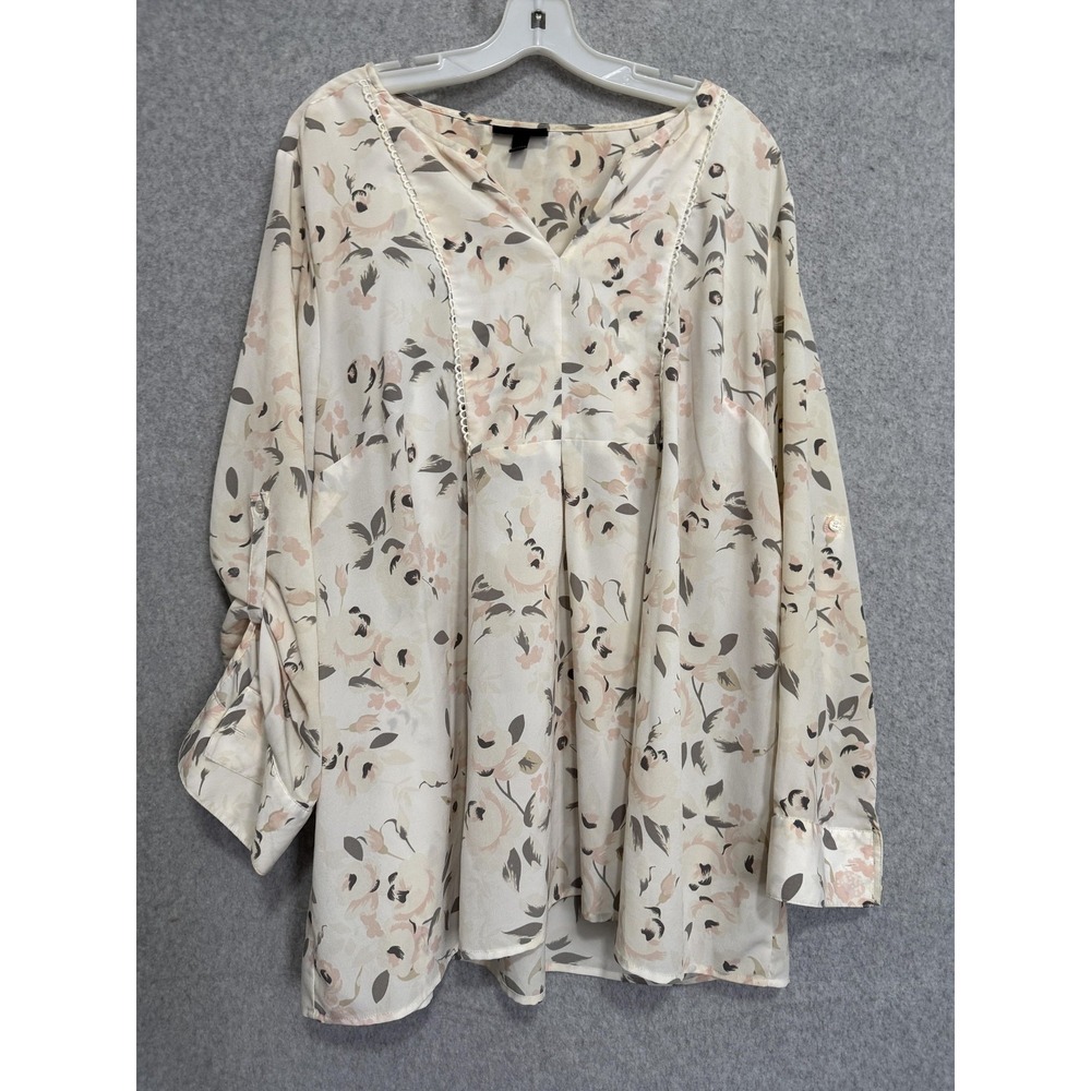 Lane Bryant Blouse Womens 22/24 White‎ Floral Crochet Trim Roll Tab Tunic Top